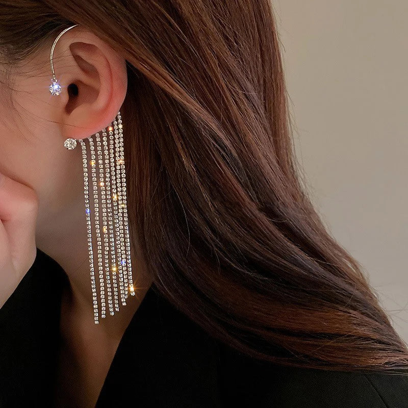 Wolexhany Star Butterfly Clip Earrings – Sparkling Crystal Tassel, No Piercing