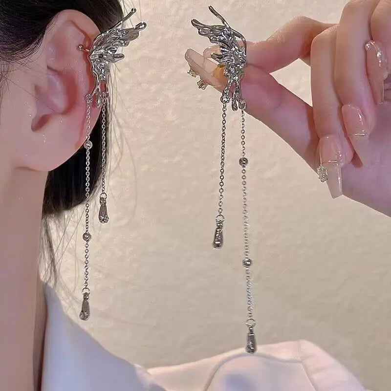 Wolexhany Star Butterfly Clip Earrings – Sparkling Crystal Tassel, No Piercing