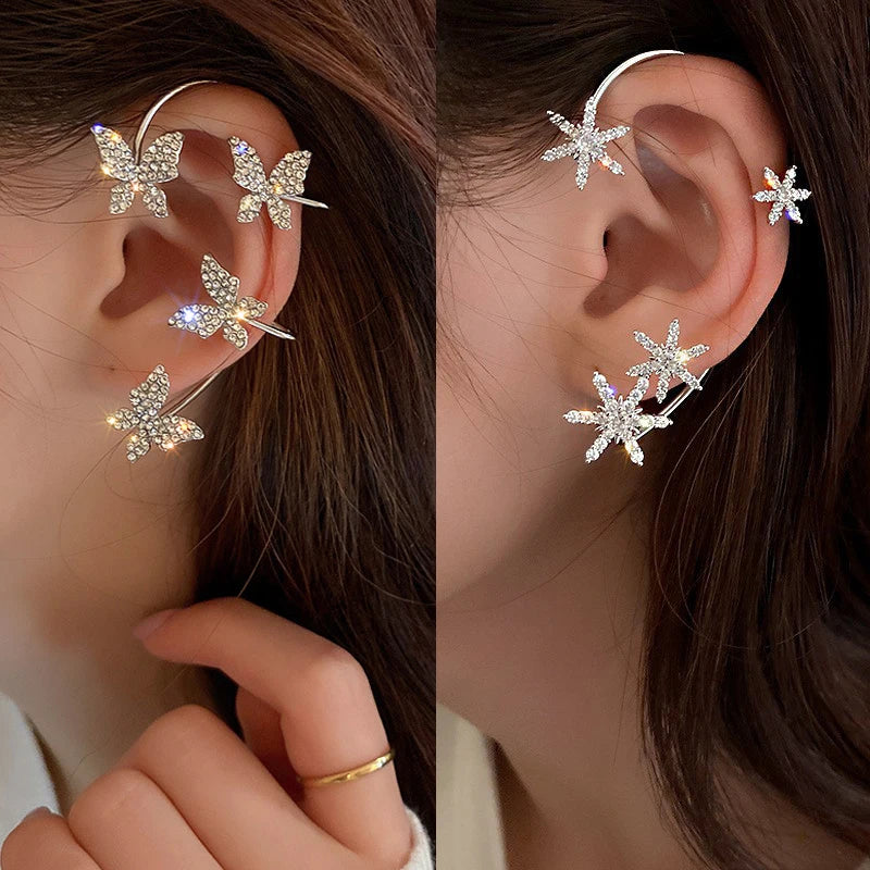 Wolexhany Star Butterfly Clip Earrings – Sparkling Crystal Tassel, No Piercing