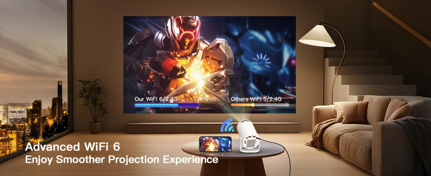 Mini Projector 720P HD, 4K Support Auto-Focus & Keystone, Android 11.0, WiFi 6, BT 5.4, 10,000+ Apps – Portable Home Theater
