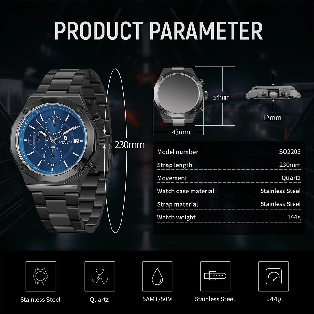 Montre homme SAPPHERO – Chronographe sport de luxe, mode et étanche, idéale en cadeau