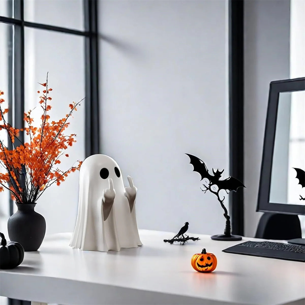 Halloween Ghost Figurine with Middle Finger – Small Resin Spooky Statue for Coffee Table, Shelf Display, or Halloween Centerpiece