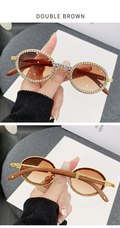 Oval Wooden Diamond Sunglasses – Luxury Vintage UV400 Shades