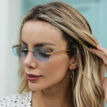 Rimless Leopard Head Sunglasses – Retro Rectangle Frameless Shades