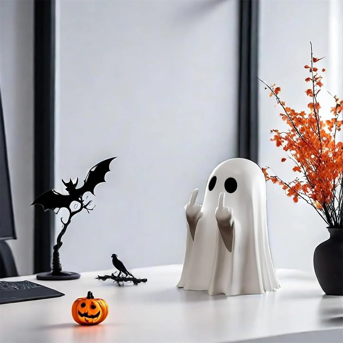 Halloween Ghost Figurine with Middle Finger – Small Resin Spooky Statue for Coffee Table, Shelf Display, or Halloween Centerpiece