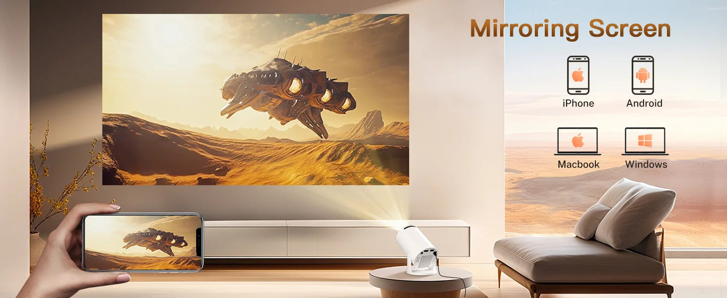 Mini Projector 720P HD, 4K Support Auto-Focus & Keystone, Android 11.0, WiFi 6, BT 5.4, 10,000+ Apps – Portable Home Theater