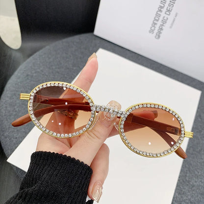 Oval Wooden Diamond Sunglasses – Luxury Vintage UV400 Shades