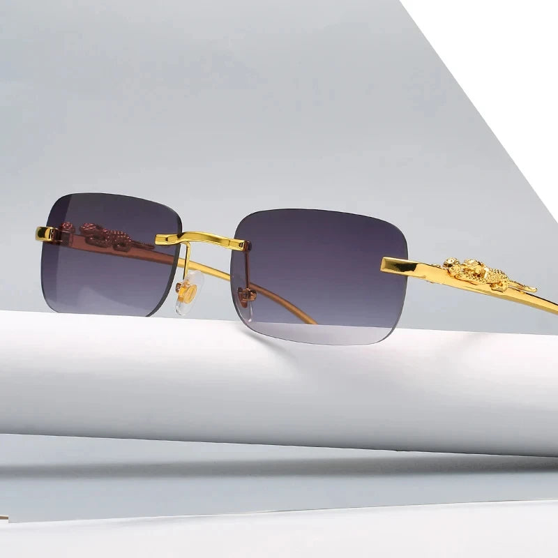 Rimless Leopard Head Sunglasses – Retro Rectangle Frameless Shades