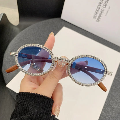 Oval Wooden Diamond Sunglasses – Luxury Vintage UV400 Shades