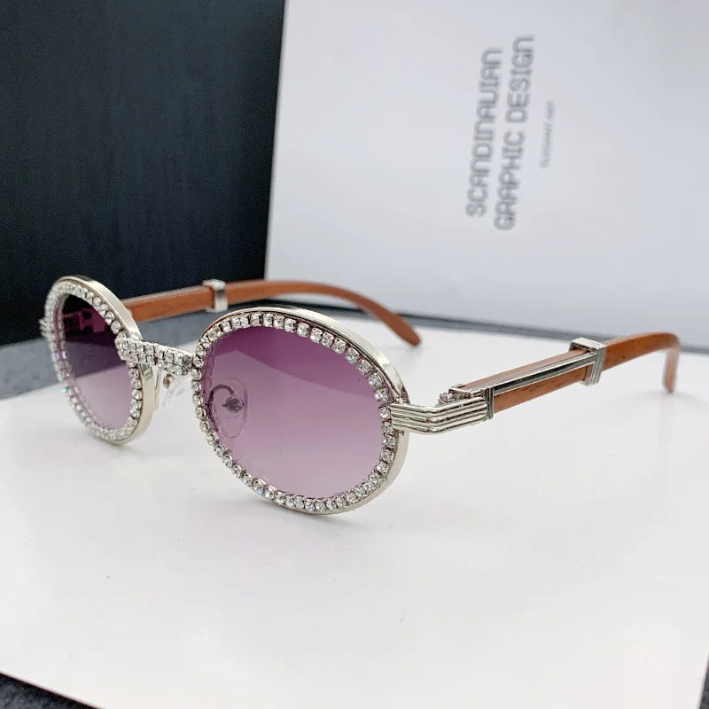 Oval Wooden Diamond Sunglasses – Luxury Vintage UV400 Shades