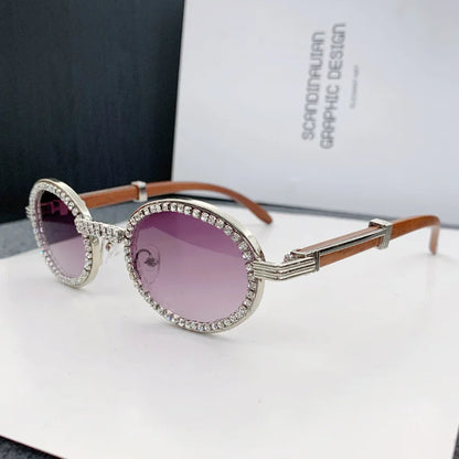 Oval Wooden Diamond Sunglasses – Luxury Vintage UV400 Shades
