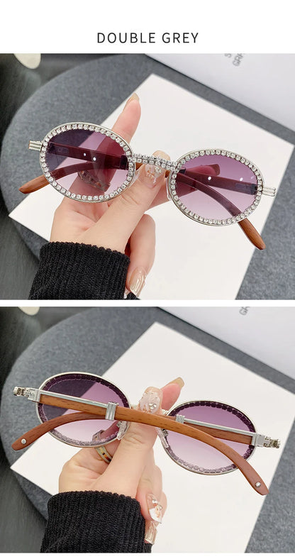 Oval Wooden Diamond Sunglasses – Luxury Vintage UV400 Shades