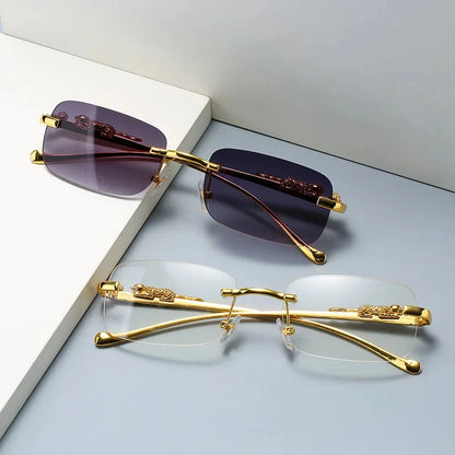 Rimless Leopard Head Sunglasses – Retro Rectangle Frameless Shades