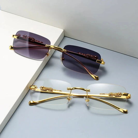 Rimless Leopard Head Sunglasses – Retro Rectangle Frameless Shades