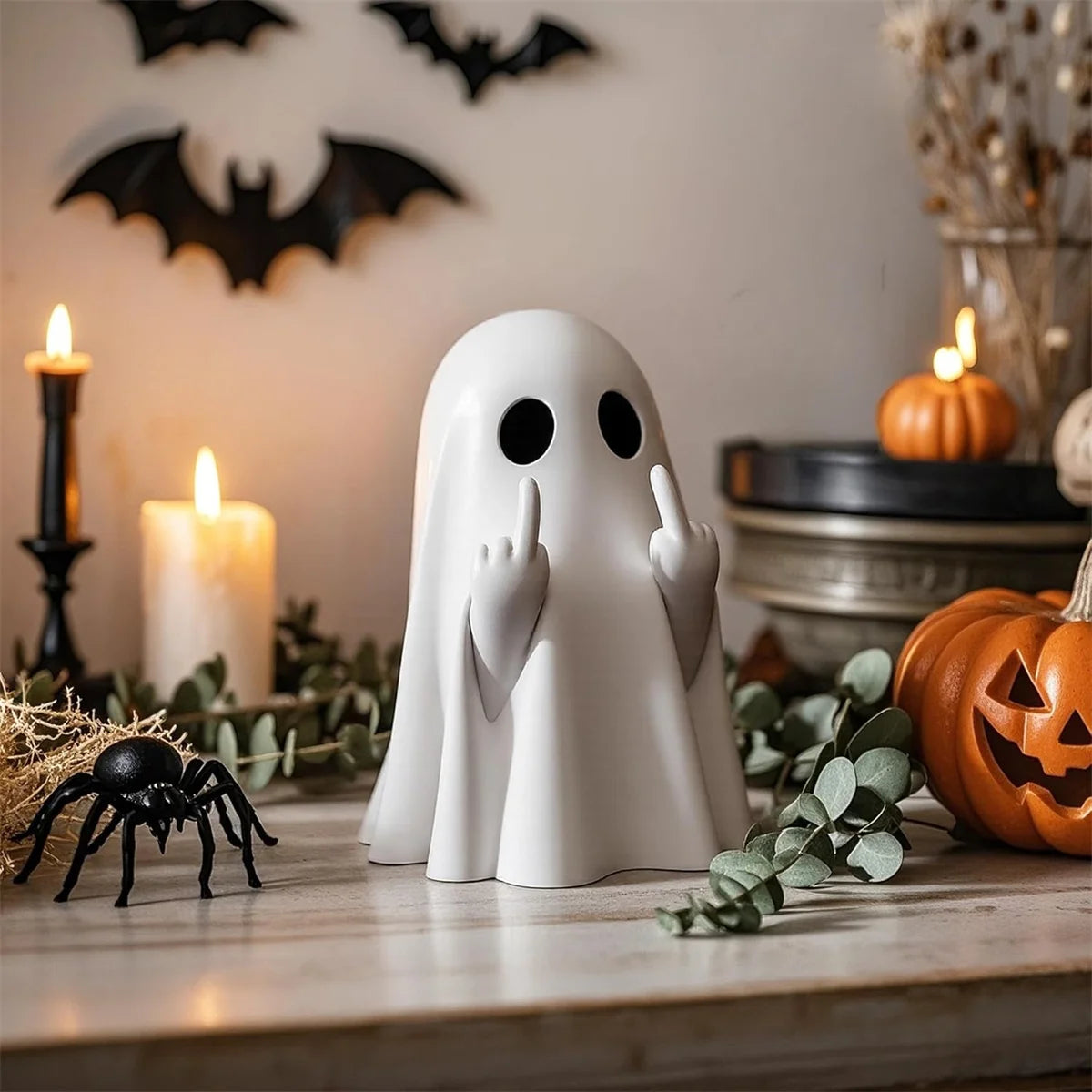 Halloween Ghost Figurine with Middle Finger – Small Resin Spooky Statue for Coffee Table, Shelf Display, or Halloween Centerpiece