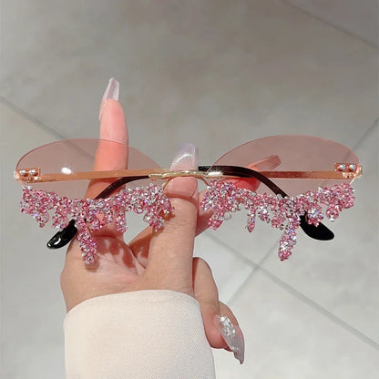 KAMMPT Tear-Shaped Rhinestone Sunglasses – Rimless Trendy Shades for Women