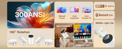 Mini Projector 720P HD, 4K Support Auto-Focus & Keystone, Android 11.0, WiFi 6, BT 5.4, 10,000+ Apps – Portable Home Theater
