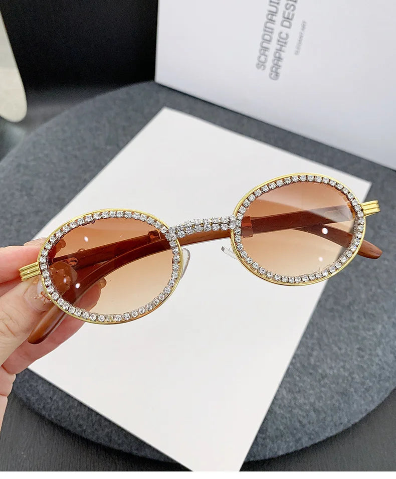 Oval Wooden Diamond Sunglasses – Luxury Vintage UV400 Shades