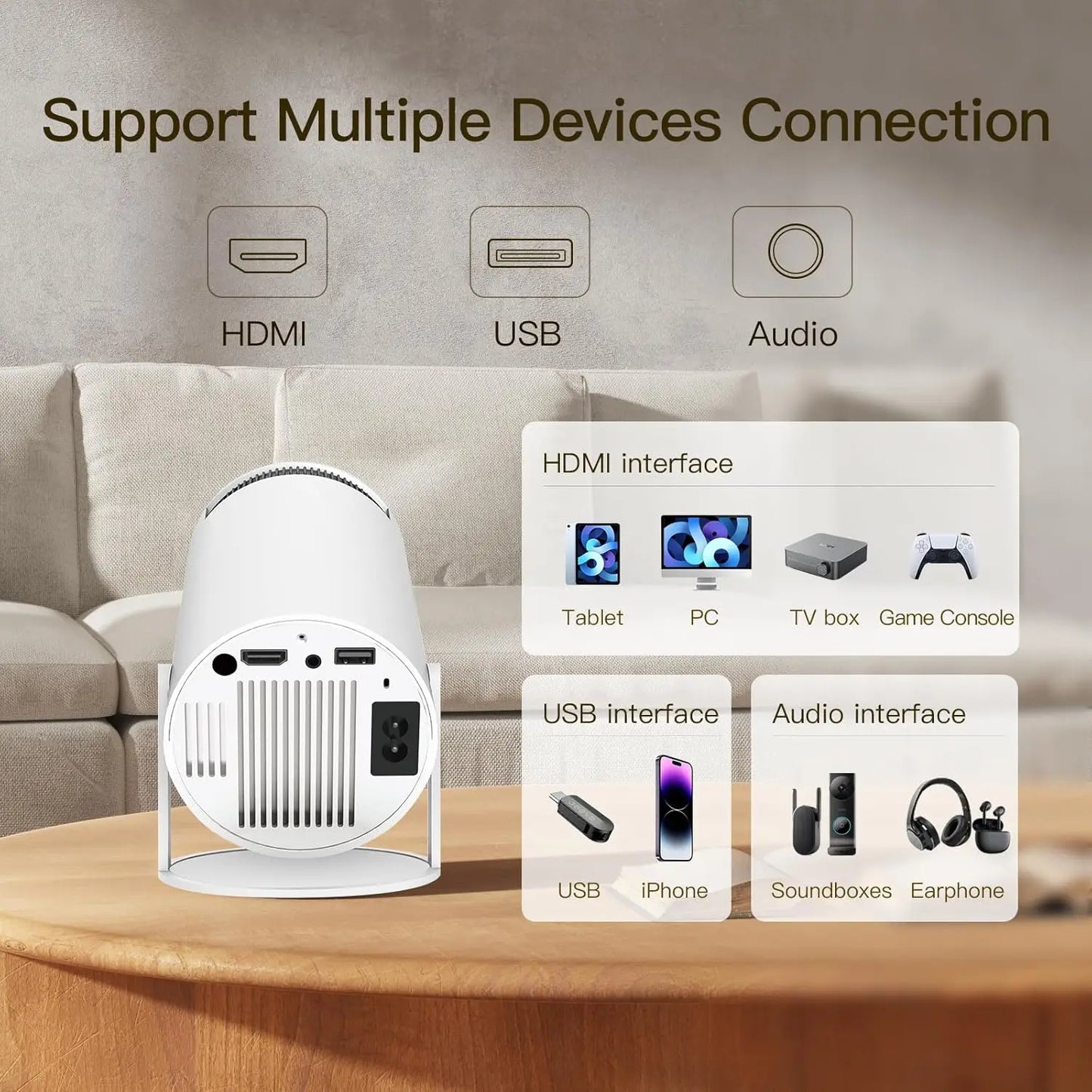 Mini Projector 720P HD, 4K Support Auto-Focus & Keystone, Android 11.0, WiFi 6, BT 5.4, 10,000+ Apps – Portable Home Theater