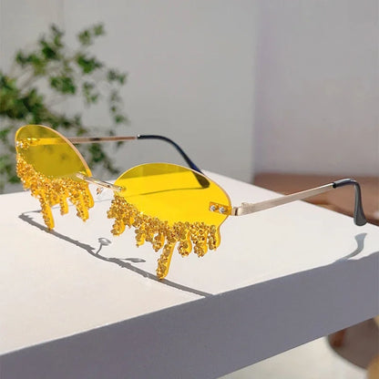 KAMMPT Tear-Shaped Rhinestone Sunglasses – Rimless Trendy Shades for Women