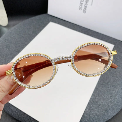 Oval Wooden Diamond Sunglasses – Luxury Vintage UV400 Shades