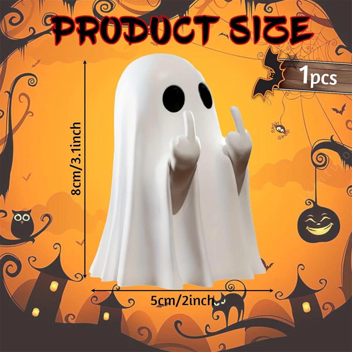 Halloween Ghost Figurine with Middle Finger – Small Resin Spooky Statue for Coffee Table, Shelf Display, or Halloween Centerpiece