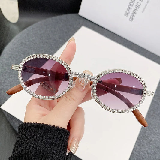Oval Wooden Diamond Sunglasses – Luxury Vintage UV400 Shades