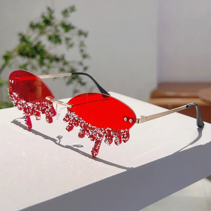KAMMPT Tear-Shaped Rhinestone Sunglasses – Rimless Trendy Shades for Women