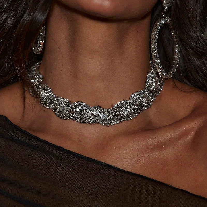 Silver Geometric Crystal Wavy Choker – Statement Party Necklace