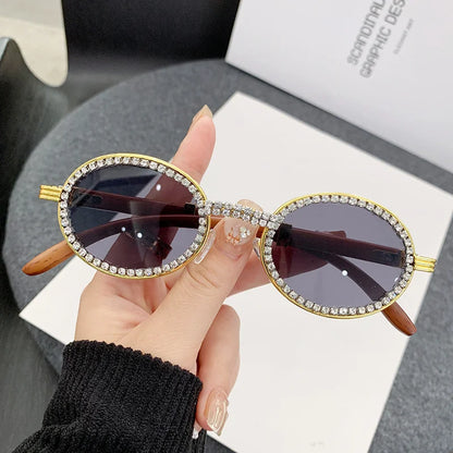 Oval Wooden Diamond Sunglasses – Luxury Vintage UV400 Shades