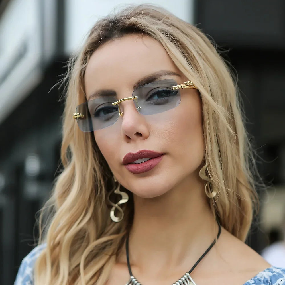 Rimless Leopard Head Sunglasses – Retro Rectangle Frameless Shades