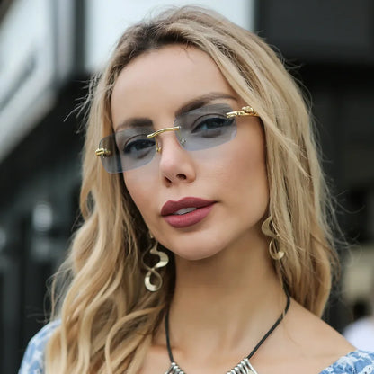 Rimless Leopard Head Sunglasses – Retro Rectangle Frameless Shades