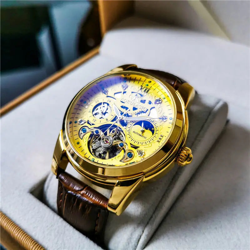 Montre homme tourbillon automatique – Mécanique pure, sertie de diamants, avec phase de lune et étanchéité