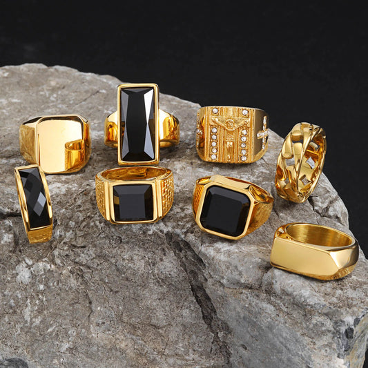 Vintage Punk Stainless Steel Signet Rings for Men, Geometric Natural Stone Chunky Rings, Fashion Retro Finger Jewelry Size 7-13