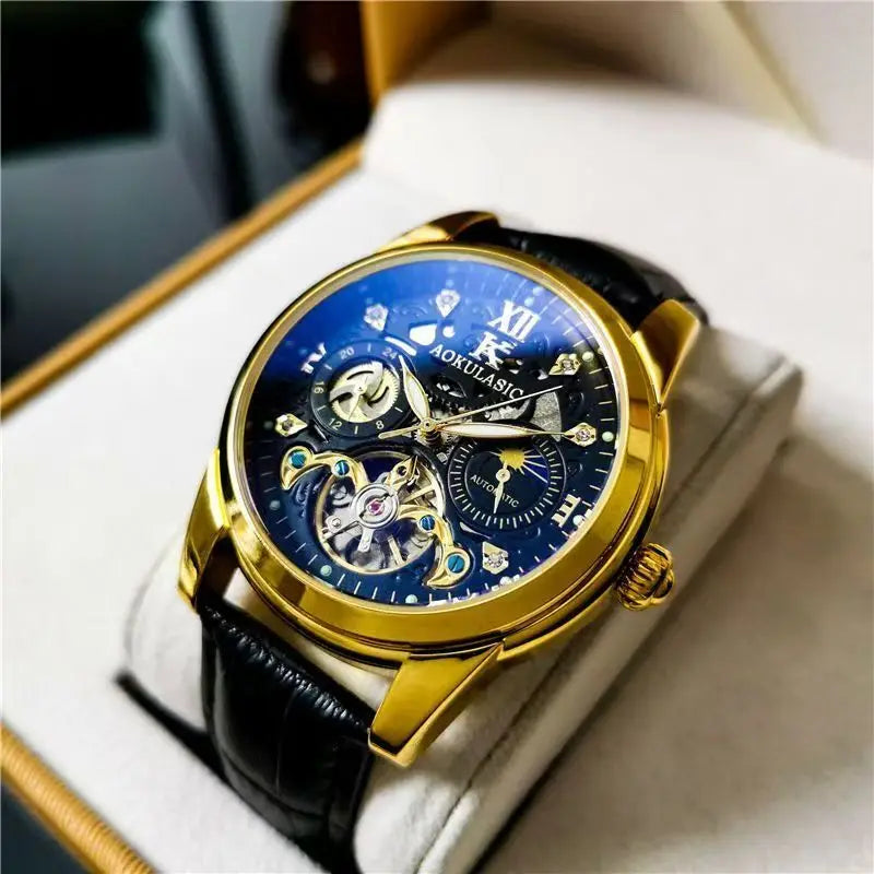 Montre homme tourbillon automatique – Mécanique pure, sertie de diamants, avec phase de lune et étanchéité