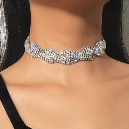 Silver Geometric Crystal Wavy Choker – Statement Party Necklace