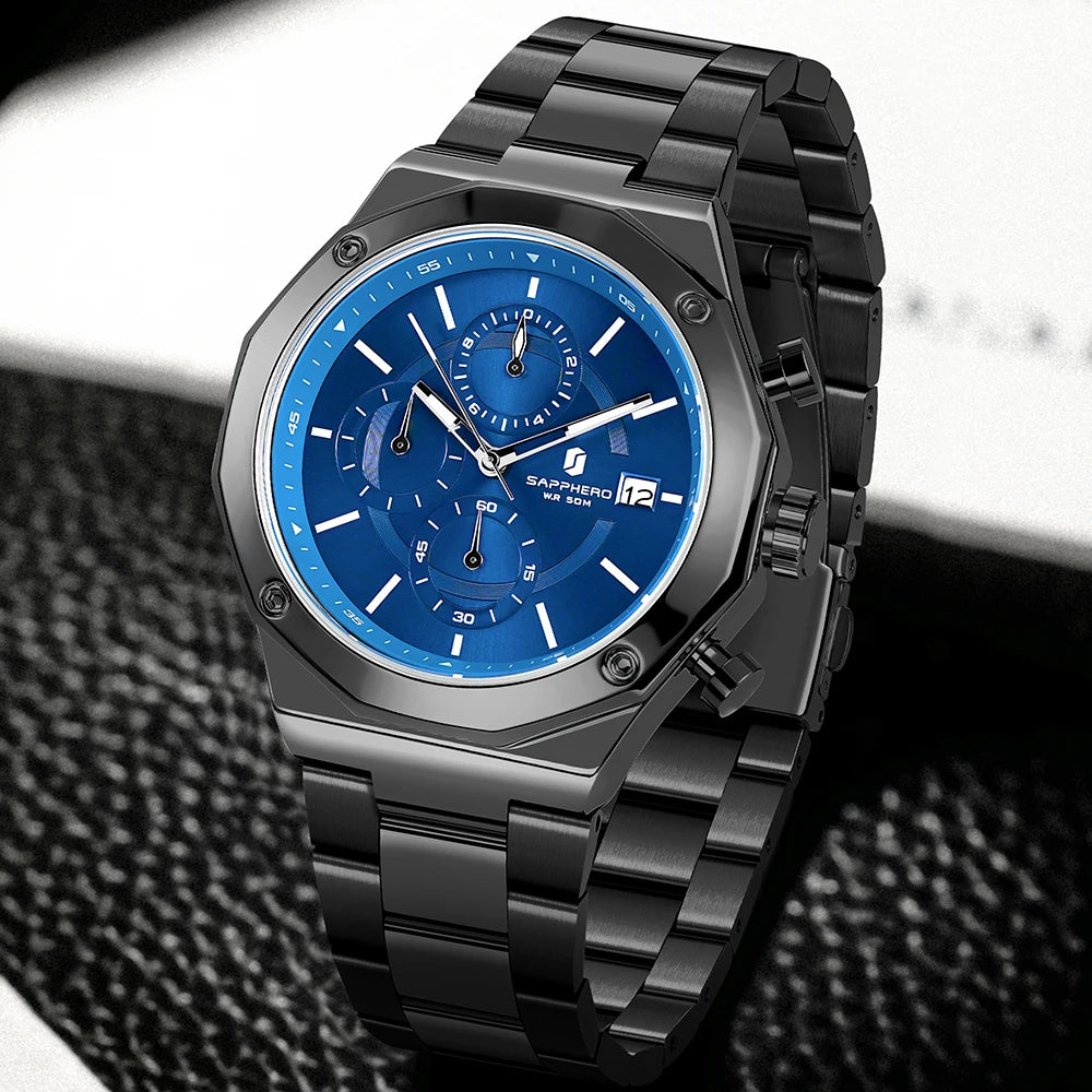 Montre homme SAPPHERO – Chronographe sport de luxe, mode et étanche, idéale en cadeau