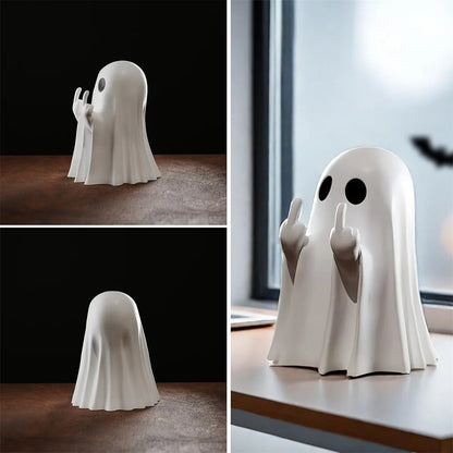 Halloween Ghost Figurine with Middle Finger – Small Resin Spooky Statue for Coffee Table, Shelf Display, or Halloween Centerpiece