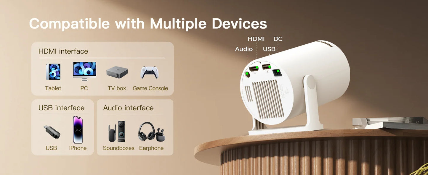 Mini Projector 720P HD, 4K Support Auto-Focus & Keystone, Android 11.0, WiFi 6, BT 5.4, 10,000+ Apps – Portable Home Theater