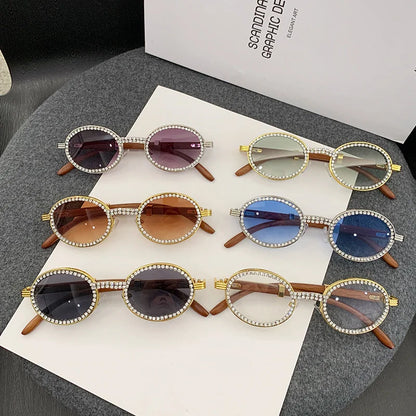 Oval Wooden Diamond Sunglasses – Luxury Vintage UV400 Shades