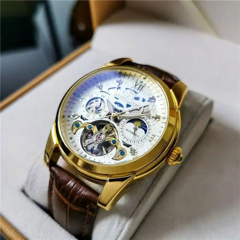 Montre homme tourbillon automatique – Mécanique pure, sertie de diamants, avec phase de lune et étanchéité