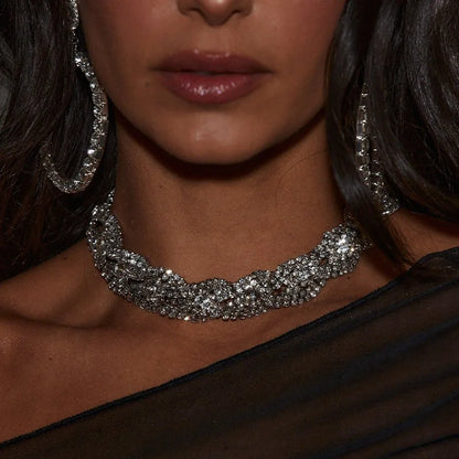Silver Geometric Crystal Wavy Choker – Statement Party Necklace