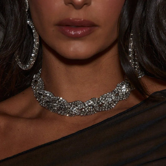 Silver Geometric Crystal Wavy Choker – Statement Party Necklace