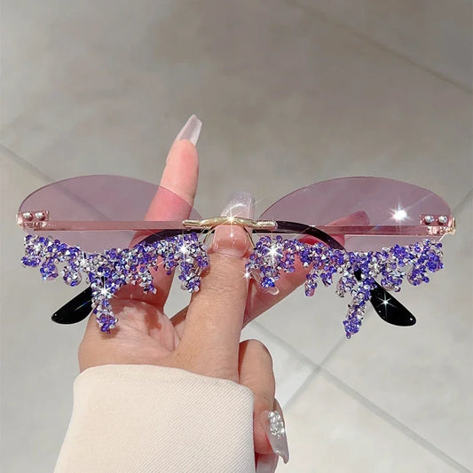 KAMMPT Tear-Shaped Rhinestone Sunglasses – Rimless Trendy Shades for Women