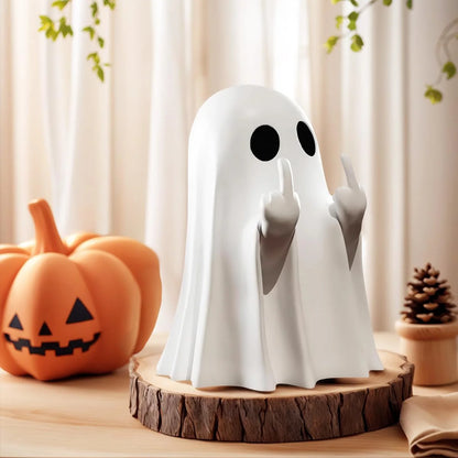 Halloween Ghost Figurine with Middle Finger – Small Resin Spooky Statue for Coffee Table, Shelf Display, or Halloween Centerpiece