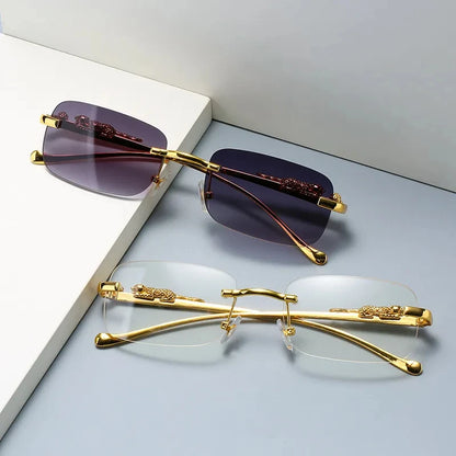 Rimless Leopard Head Sunglasses – Retro Rectangle Frameless Shades