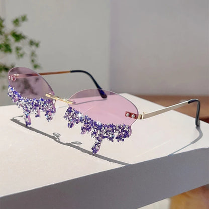 KAMMPT Tear-Shaped Rhinestone Sunglasses – Rimless Trendy Shades for Women