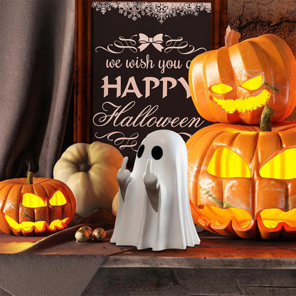 Halloween Ghost Figurine with Middle Finger – Small Resin Spooky Statue for Coffee Table, Shelf Display, or Halloween Centerpiece