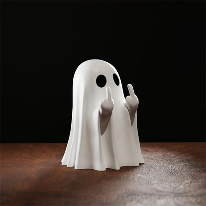 Halloween Ghost Figurine with Middle Finger – Small Resin Spooky Statue for Coffee Table, Shelf Display, or Halloween Centerpiece