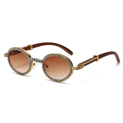 Oval Wooden Diamond Sunglasses – Luxury Vintage UV400 Shades